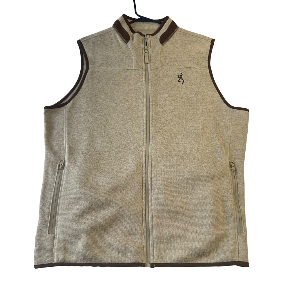 Browning Mens XL Tan Heather Full Zip Fleece Vest Buckmark Logo A0002738